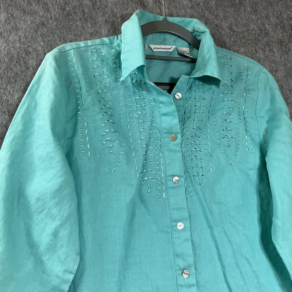 Camisa Richard Malcolm Mujer Mediana Aqua Irlandesa Lino Bordado Túnica Top * Foto 4 de 4