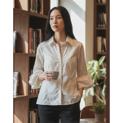BCBGMAXAZRIA Womens Cream Ruffle Puff Sleeve Button Down Blouse Top Size S
