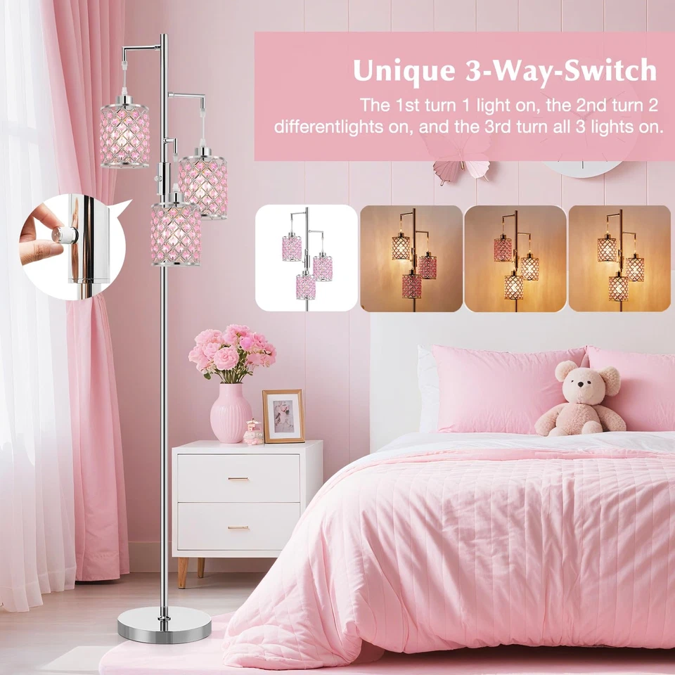Pink Crystal Floor Lamp, 3-Light Standing Tall Lamp with Sparkling K9 Crystal... - Image 2 of 4