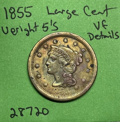 1855 Braided Hair Large Cent 1c Vf Very Fine Details US Coin
