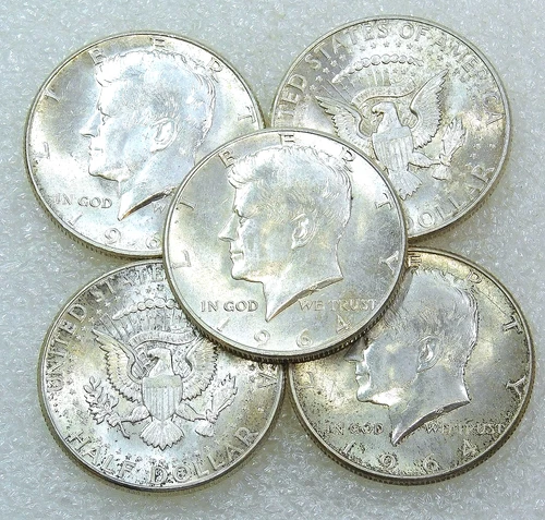 1964 Kennedy Silver Half Dollar AU/BU Bright Luster lot of 5 coins #F285