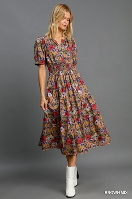 #ad Umgee Tan Floral Dress w Split V Neck Tiered Maxi Dress Short Puff Sleeves $24.49