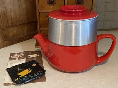 Vtg HALL Tricolator COFFEE POT Chinese RED Ceramic Aluminum MCM Instruct Filters