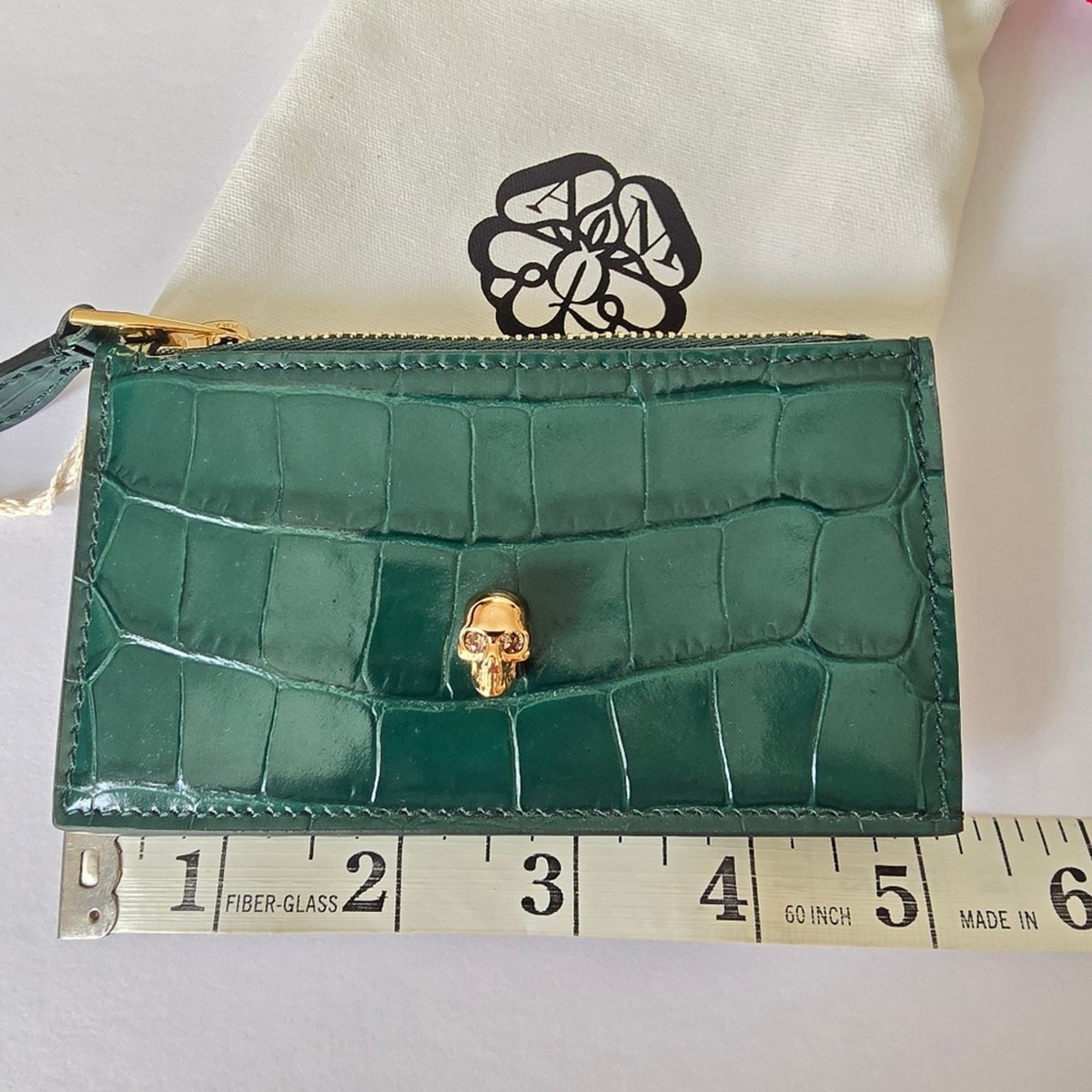 Alexander McQueen Croc-Embossed Leather Skull Card Holder Green