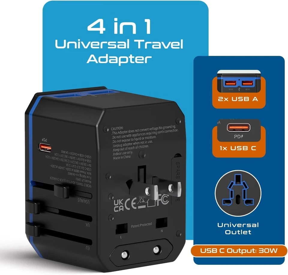 Adaptador Internacional 4 en 1 - Incluye Puertos PD 30W USB-C y Doble USB-A Foto 4 de 4
