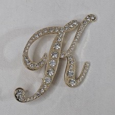 Gold Tone Cursive Letter K Brooch Initial Monogram Clear Rhinestone Unmarked Pin