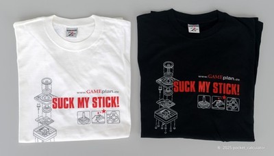 2x Retro-Gaming T-Shirt SUCK MY STICK! mit Joystick-Explosionszeichnung