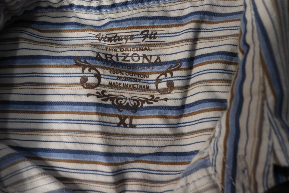 Camisa Arizona Jean Co Vintage Fit Hombre Blanco Azul Dorado Rayas Abotonada XL Foto 3 de 3