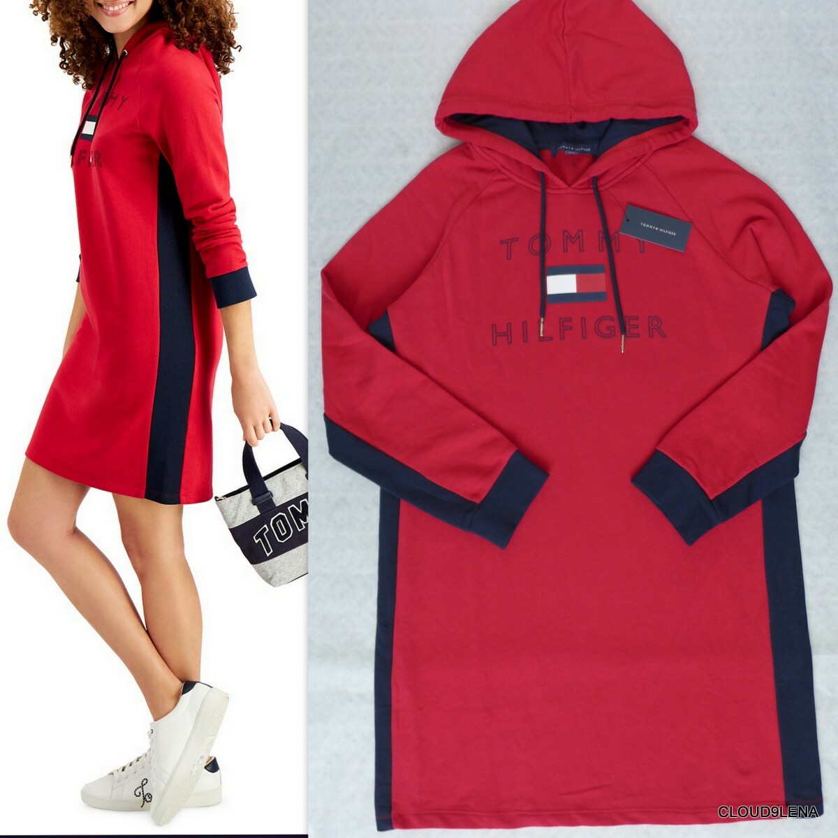 red hooded sweatshirt dress