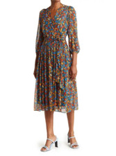 $139 NWT Calvin Klein Surplice Neck 3/4 Sleeve Floral Faux Wrap Midi Dress sz S