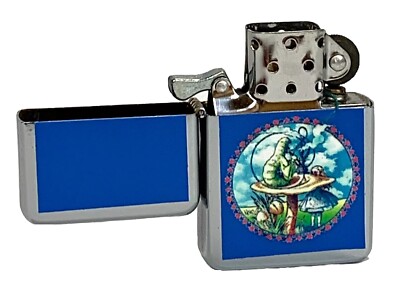 Hookah-Smoking Caterpillar Mushroom Flip Top Chrome Oil Lighter Wind Resistant