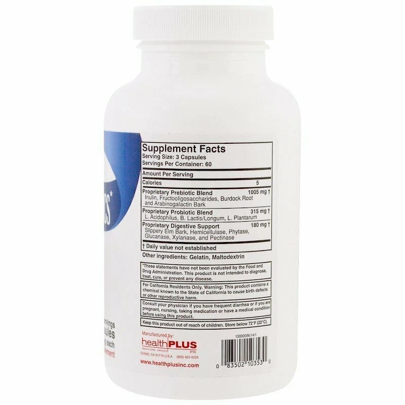 Health Plus Fórmula Prebiótica Suplemento Dietético Digestivo Cápsulas 500mg 180 ct Foto 2 de 4