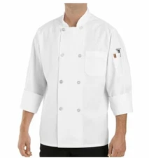 Red Kap FOOD SERVICE EIGHT PEARL BUTTON CHEF COAT WITH THERMOMETER POCKET 0413WH