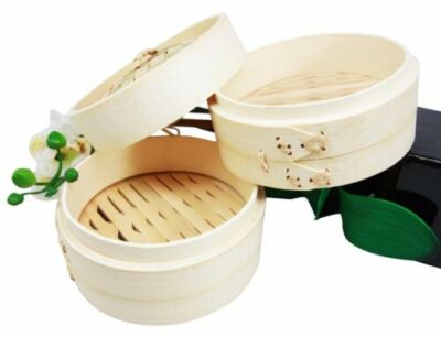 Dimsum High Tea 6'' Diameter Bamboo Steamer - Stackable Two Baskets With One Lid