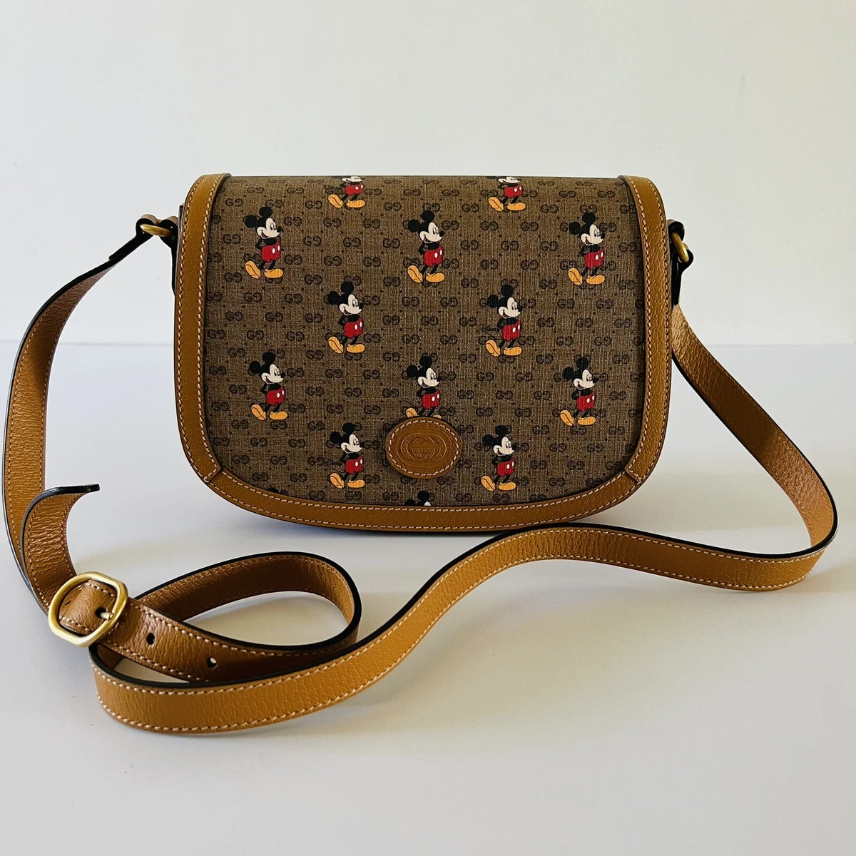 GUCCI x DISNEY Mickey Mouse Print Canvas Leather Saddle Shoulder Crossbody  Bag