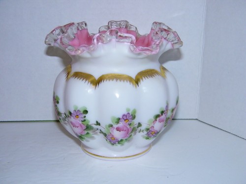 Fenton 5.5" Melon Rose Bowl Vase Peach Crest Pink Charleton Roses Gold