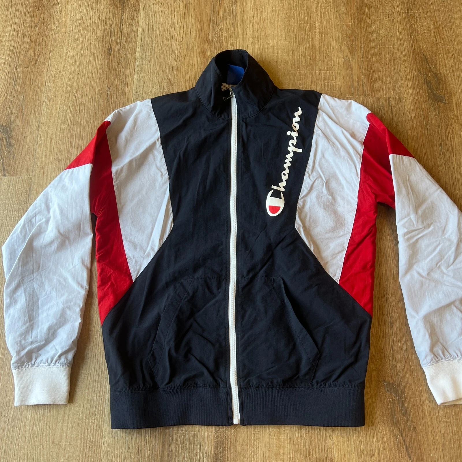 Vintage Champion Track Jacket Mens X-Small Black Red White Windbreaker 90s Nylon