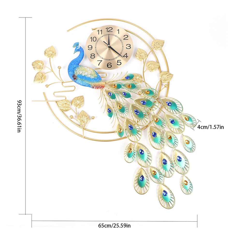 36.6" Luxury Peacock Large Wall Clock 3D Metal Living Room Wall Watch Decor USA - Image 3 of 4