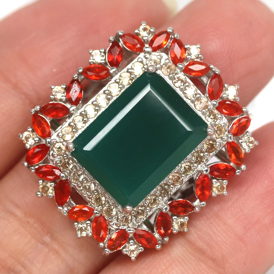 Gemstone 12 X 15 mm. Green Agate, Fire-Opal & Zircon Wonmen Ring 925 Silver - Image 3 of 4