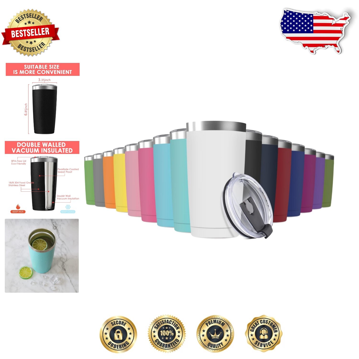 Assorted Color 20oz Stainless Steel Tumblers - 16 Pack for Home & Outdoor