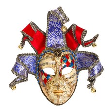 Medieval Jester Musical Joker Venetian Masquerade Mask with Gold Lip and Bells