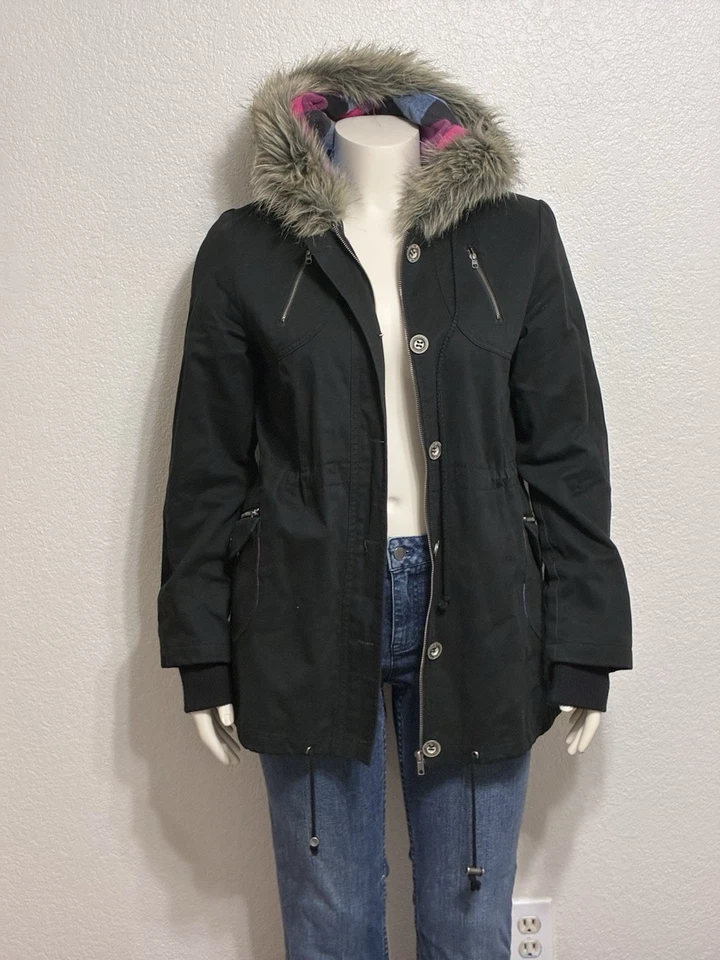 Nueva chaqueta parka forrada a cuadros con capucha de piel sintética negra L de O’Neill para mujer. 100% algodón Foto 2 de 4