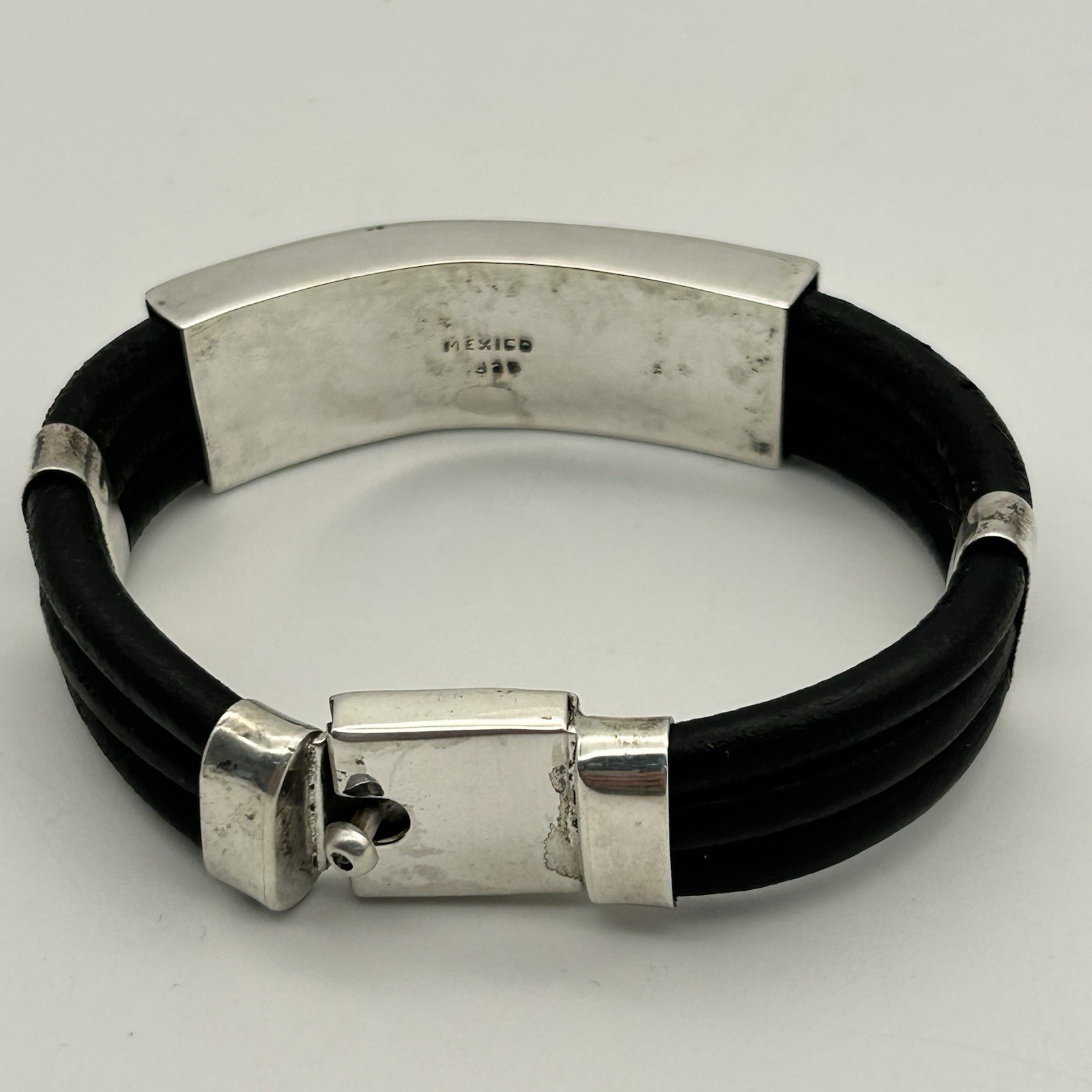 Sterling Silver/Black Leather Bangle Bracelet Gre… - image 3