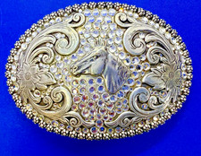 Jeweled Nocona Western Rhinestone Covered Cowgirl Horse Head Vintage Belt Buckle