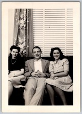 Vtg B&W Snapshot Group With Floral Curtain 1940s