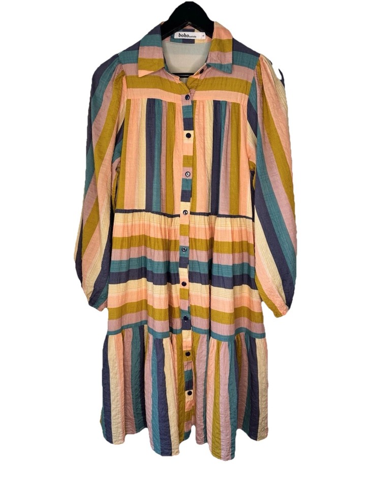 Boho Australia Womens Multicoloured Stripe L/S Cotton Babydoll Dress Sz S