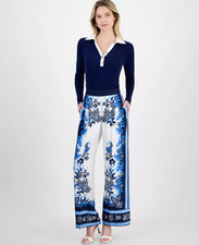 T Tahari Women's Printed High-Rise Wide-Leg Floral Blue Pants Size M 17024