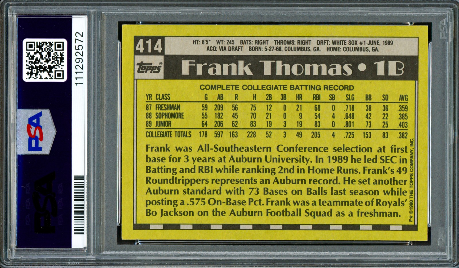Frank Thomas Signed 1990 Topps RC 414 Chicago White Sox PSA 7 Auto GM 10 PSA/DNA view 2