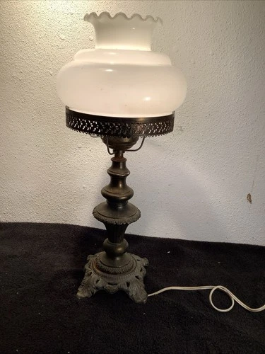 Vintage Milk glass Ruffle Hurricane lamp /w Cast Iron base
