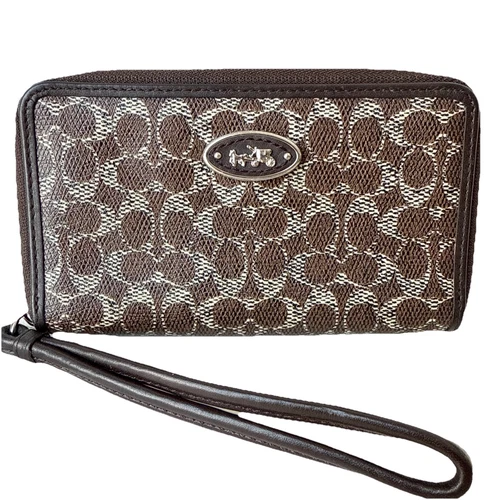 Coach Wristlet Brown East West custodia universale firma tela rivestita # 63186