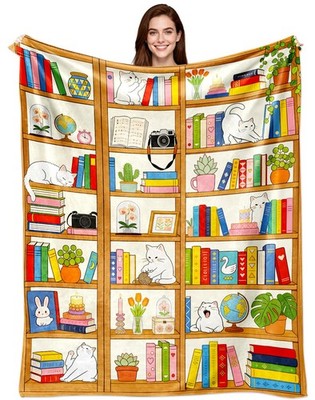 Book Blanket Gifts for Book Lovers Soft Warm Flannel Cat Bookshelf Stuff Thro...