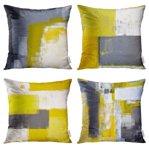 Set of 4 Linen Throw Pillow Cover Case Grey and Yellow Abstract Art Painting ...