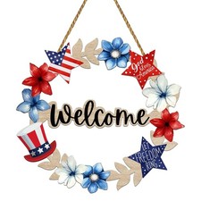 4th of July Wreath Patriotic Welcome Sign Wood Front Door Decorations 4th This