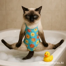 Siamese Cat Bath Humor Art | Funny AI Swimsuit & Bubbles | Digital Download Post