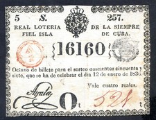 ANTILLAS 1836 Lotería 8 avo del billete Nº 16160 Sorteo 257 del 2/06/1836