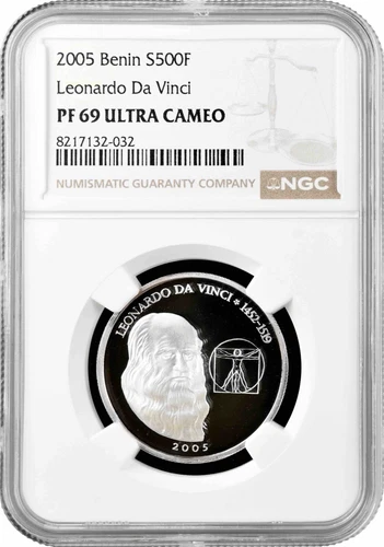 Benin 500 francs 2005, NGC PR69 UC, "Leonardo da Vinci (1452 - 1519)" Pop 1/1