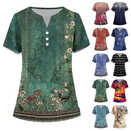 Women's Fashion V-neck Short Sleeve Workwear With Pockets Printed Tops Summer