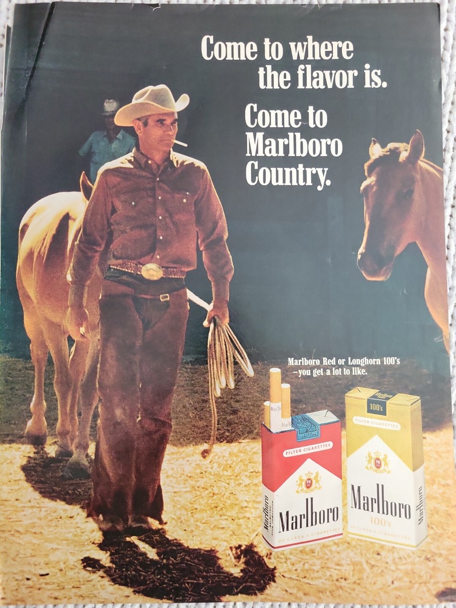 cowboy cigarettes brand Marlboro 1968 Vintage Print Ad handsome Reds Longhorns Cowboy Killer Cigarettes Scent