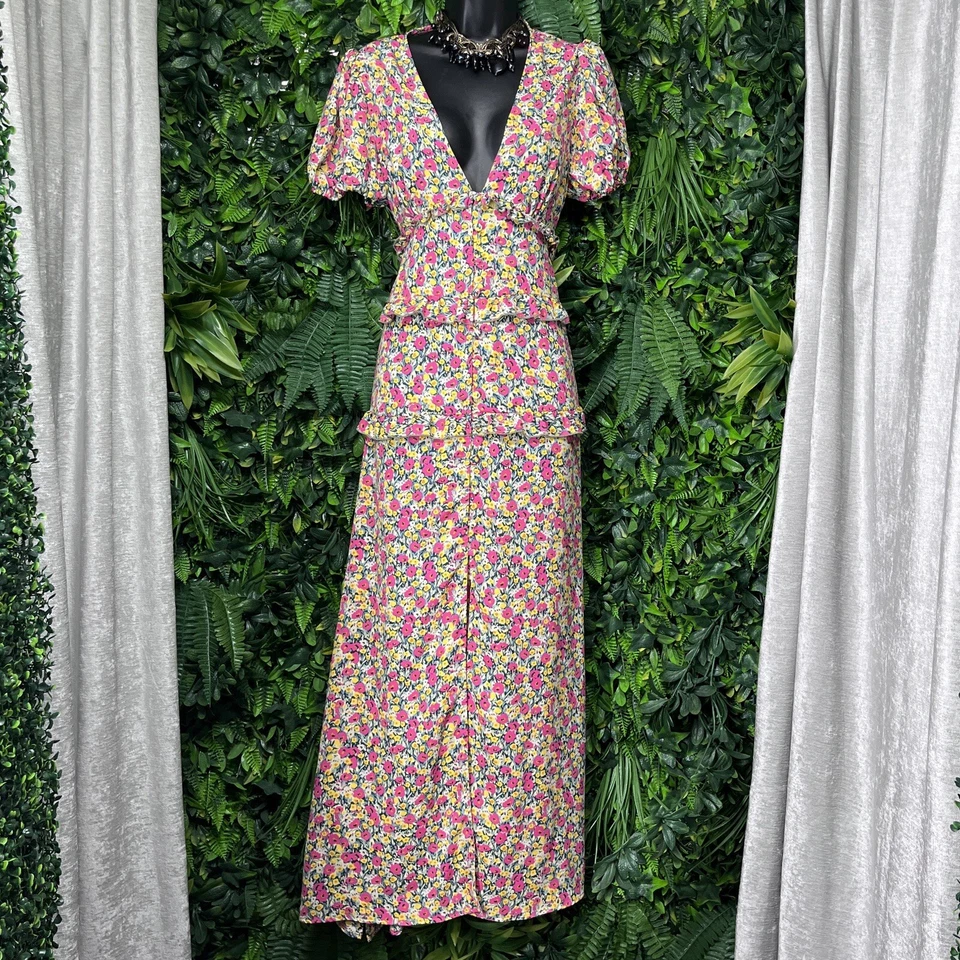 Vestido TOPSHOP Mujer 8 Rosa Amarillo Maxi Volantes Cuello en V Boho Floral Espalda Abierta 2302 Foto 3 de 4