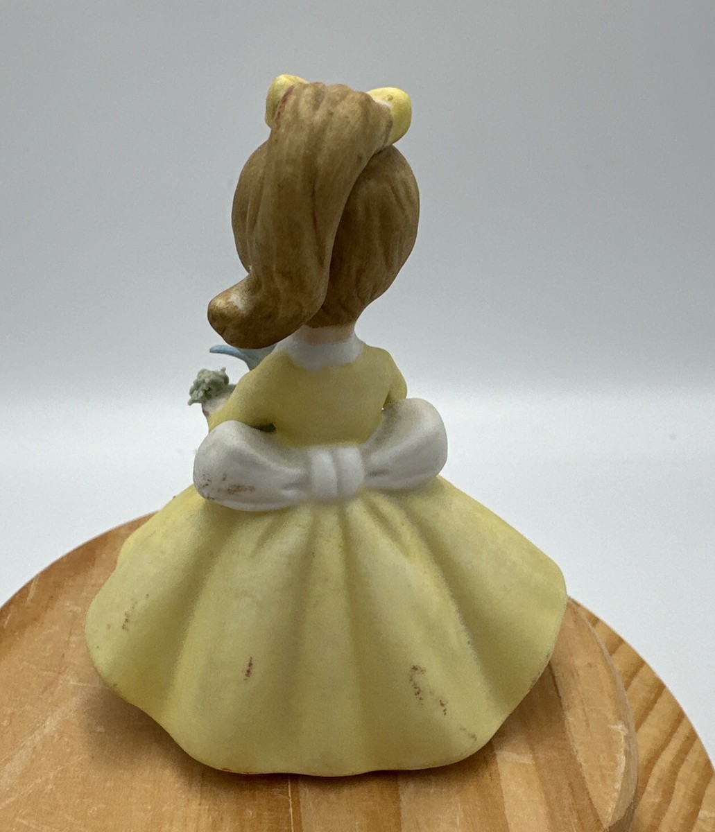 Vintage Blonde Girl Figurine Yellow Dress Blue Flowers 3in Japan