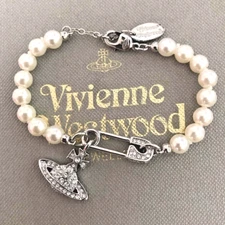 Vivienne Westwood White Pearl Safety Pin Clip Charm Silver Bracelet