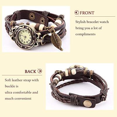 Womens Brown Analog Leaf Roman Numerals Bracelet Weave Wrap Around Leather Watch Avaner Vintage Watch with Hand-Woven Leaves Pendant  main image 2
