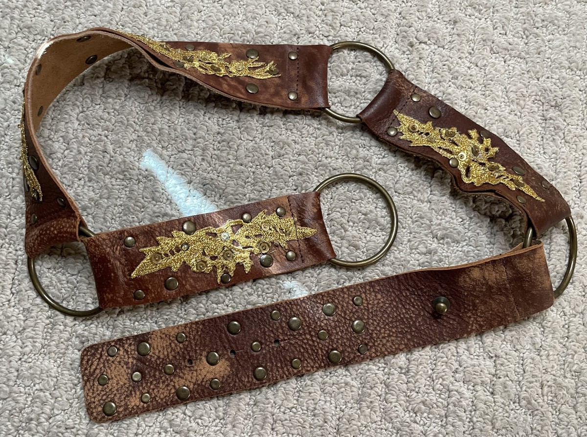 Betsey Johnson Brown Leather Belt S Gold Sequin Stitching  display picture 2