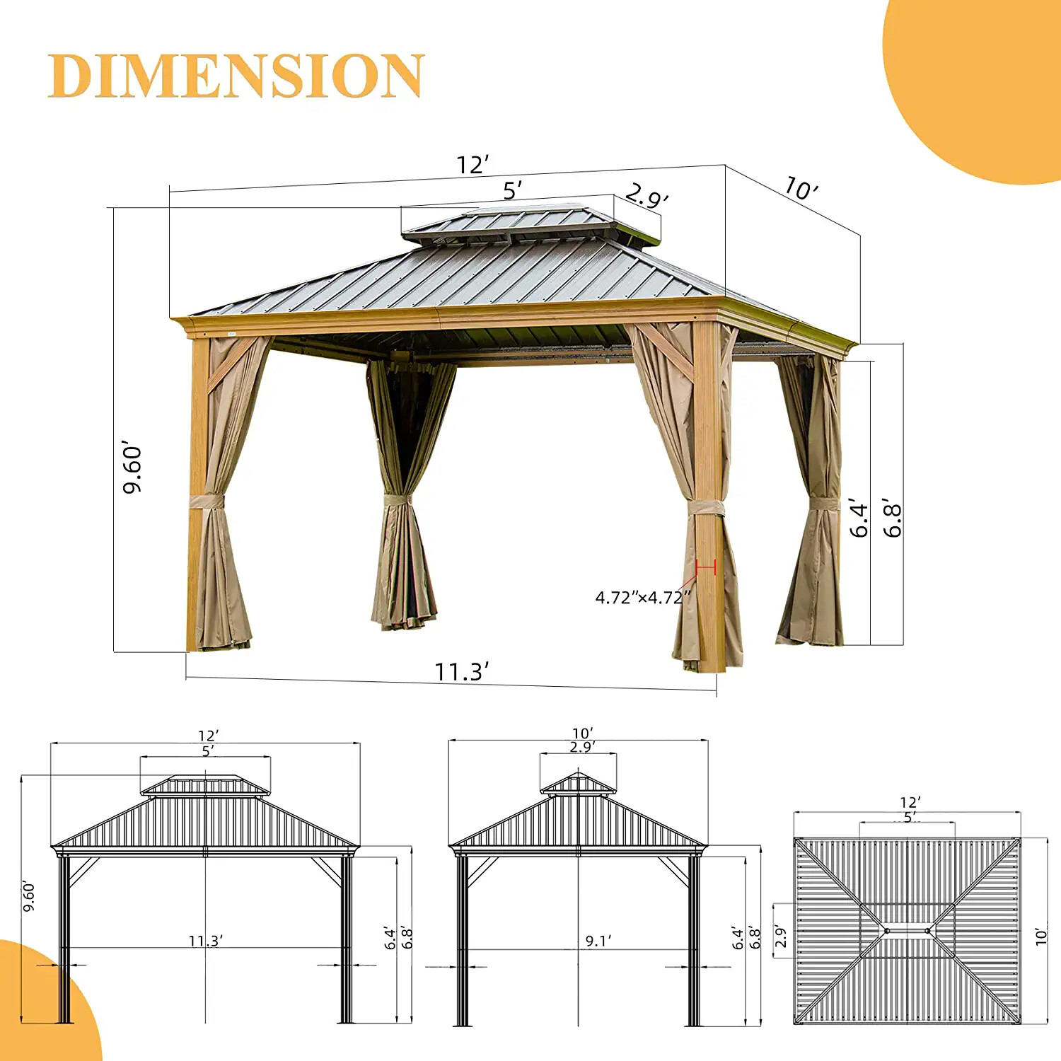 Domi 10' x 12' Outdoor Hardtop Gazebo Aluminum Wood Grain Frame w/Sidewalls