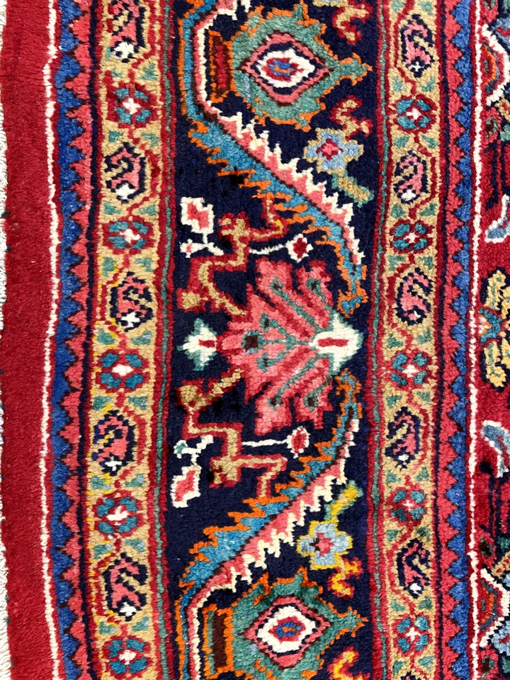 Antigua alfombra oriental de lana anudada a mano roja/azul/verde/marfil 9'9" x 13'13" Foto 4 de 4