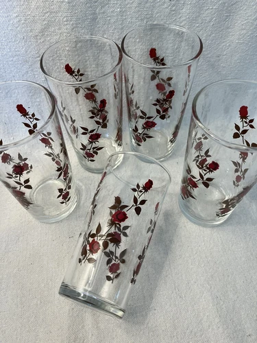 Anchor Hocking Climbing Red Roses Drinking Glasses 12oz.  Lot Of 10 Vintage MCM